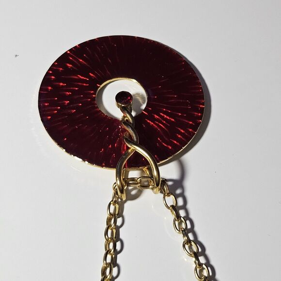 Gold Tone Red Enamel Circular Pendant With Red Rhinestone Accent Necklace 16 To - Picture 12 of 14